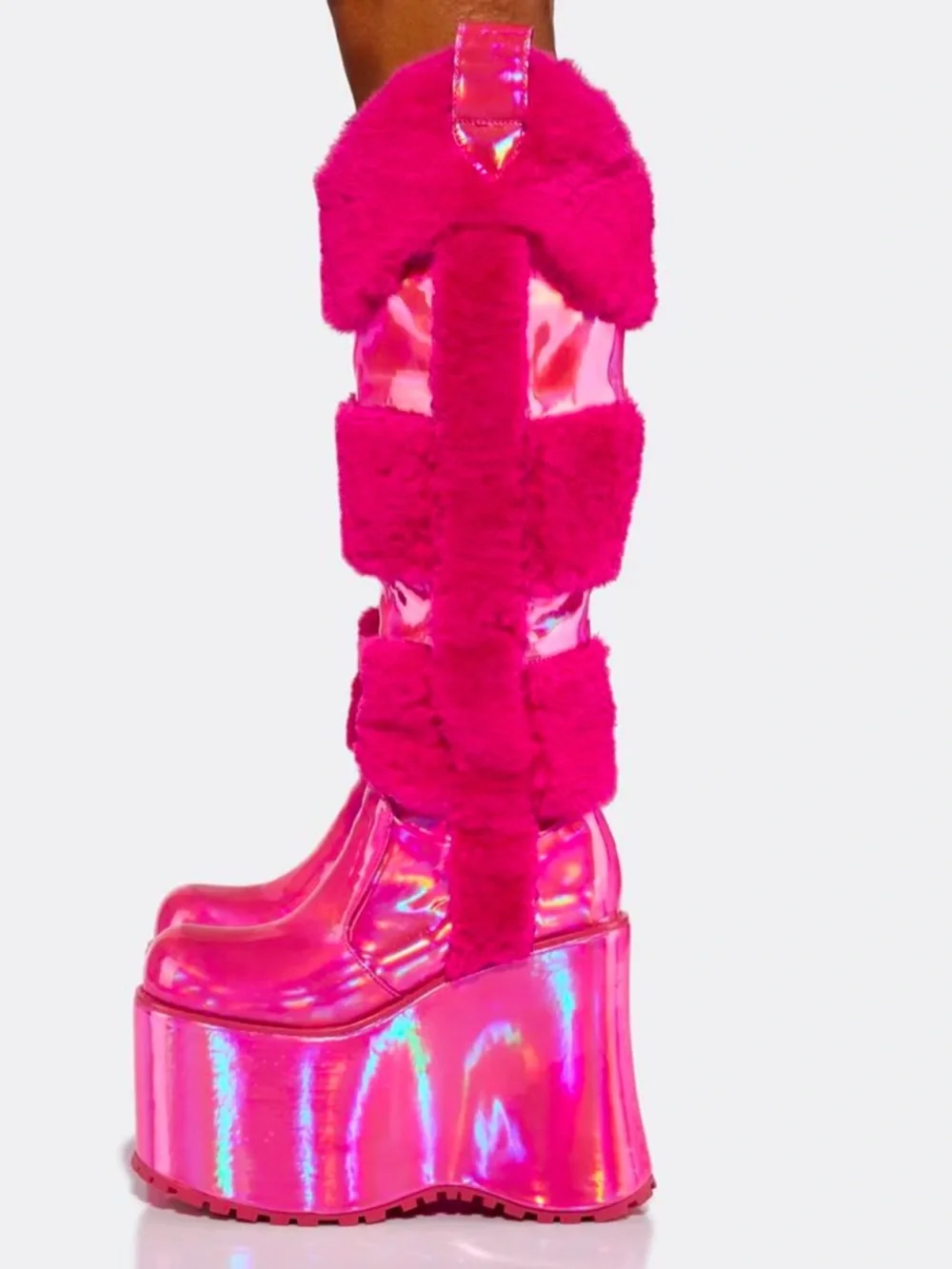 Hot Pink Holographic Snowy Rodeo Knee-High Boots - Picture 4 of 6